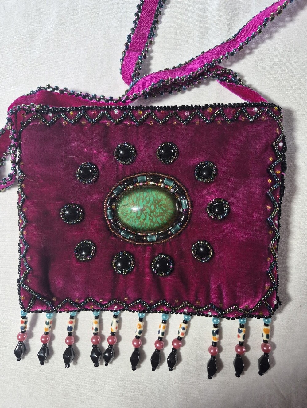 Boho Beaded Velvet Crossbody Bag - Magenta with Turquoise Accent